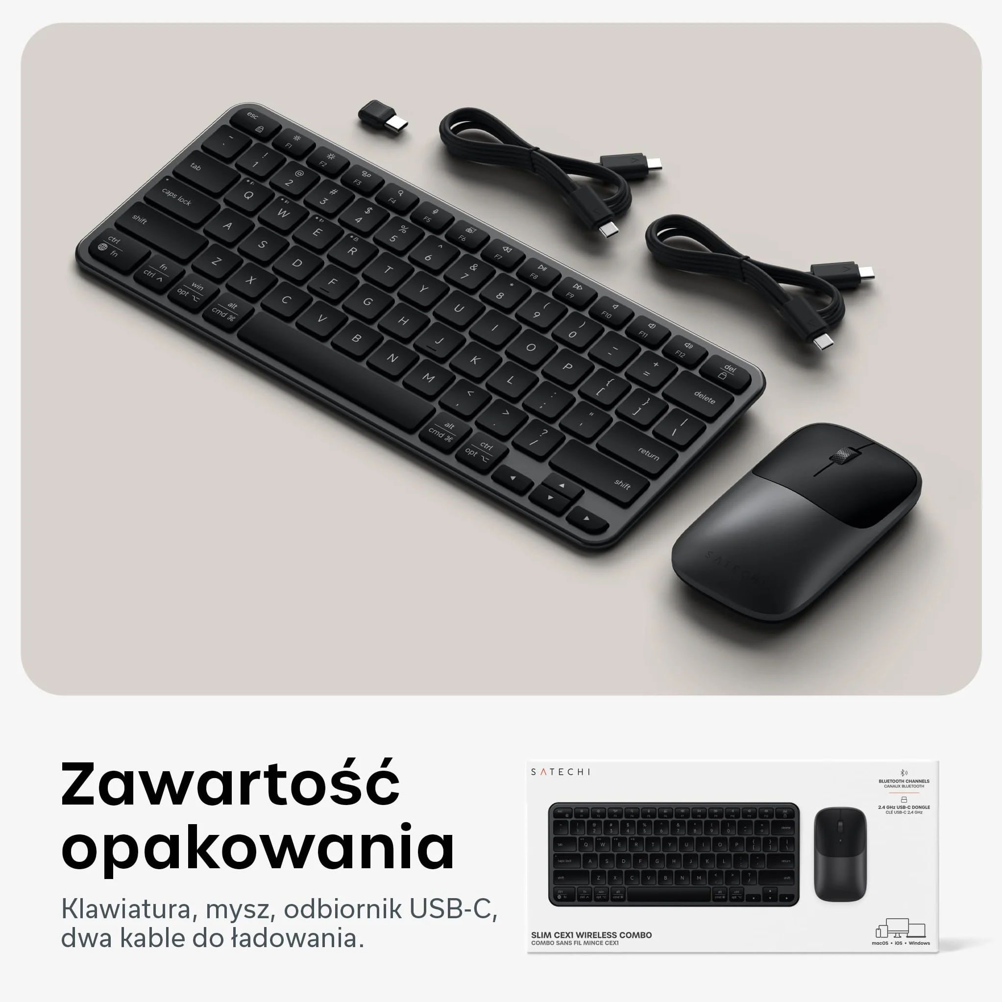 SATECHI Bezprzewodowa Klawiatura i Mysz Combo, 𝗨𝗦 𝗤𝗪𝗘𝗥𝗧𝗬 𝗟𝗮𝘆𝗼𝘂𝘁, Slim CEX1 z Wielourządzeniowym Parowaniem Bluetooth i Łącznością USB-C, Czarny Kosmiczny